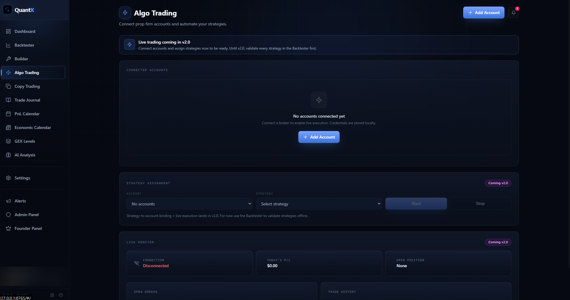 QuantX Algo Trading — strategy assignment, live monitor, broker connections