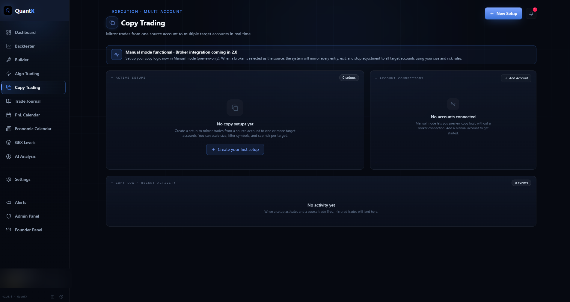 QuantX Copy Trading — mirror trades across linked accounts